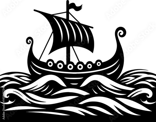 Viking Longship Sailing the Ocean A Black and White Illustration