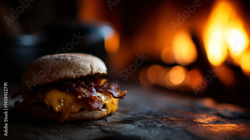 Obraz na płótnie Bacon cheeseburger with melted cheese by a cozy fire w salonie