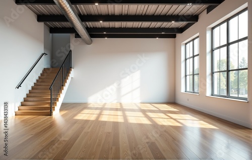 Bright and spacious empty loft apartment with hardwood floors, large windows and wooden staircase. Ideal for real estate or interior design. photo