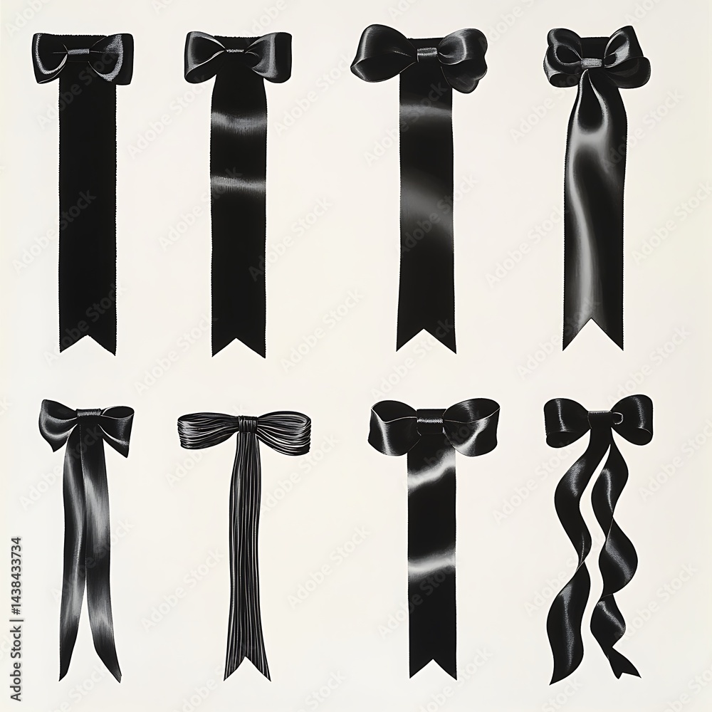 Elegant Arrangement of Varied Black Ribbon Designs: A Collection of Decorative Bows and Smooth Fabric Adornments, Perfect for Art Projects.