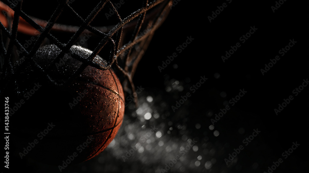 Basketball captured mid-air as it enters hoop against a black background