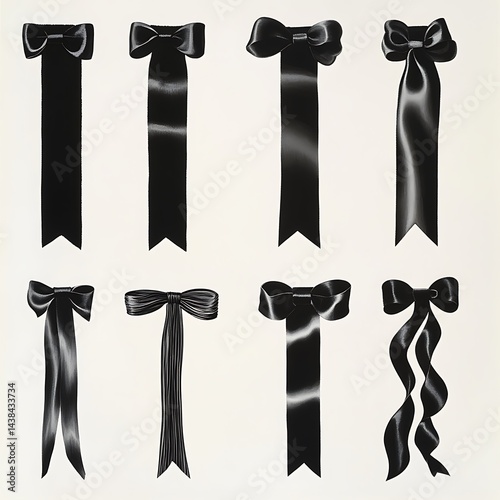 Obraz na płótnie Elegant Arrangement of Varied Black Ribbon Designs: A Collection of Decorative Bows and Smooth Fabric Adornments, Perfect for Art Projects. w salonie