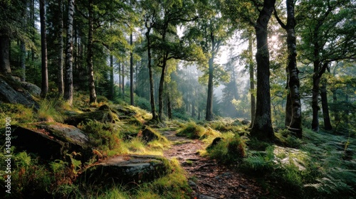 Fototapeta Naklejka Na Ścianę i Meble -  Serene afternoon in a northern Italian forest with birch and chestnut trees