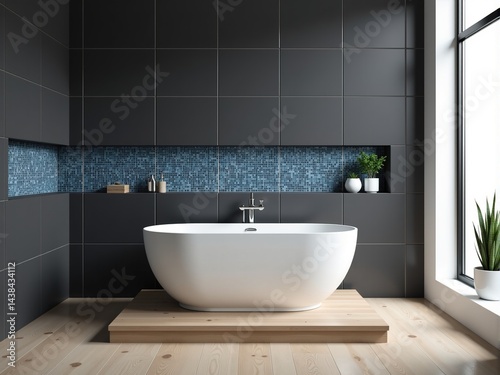 Modern bathroom interior with freestanding white bathtub, dark gray tiles and blue mosaic accents.  Bright and serene atmosphere.