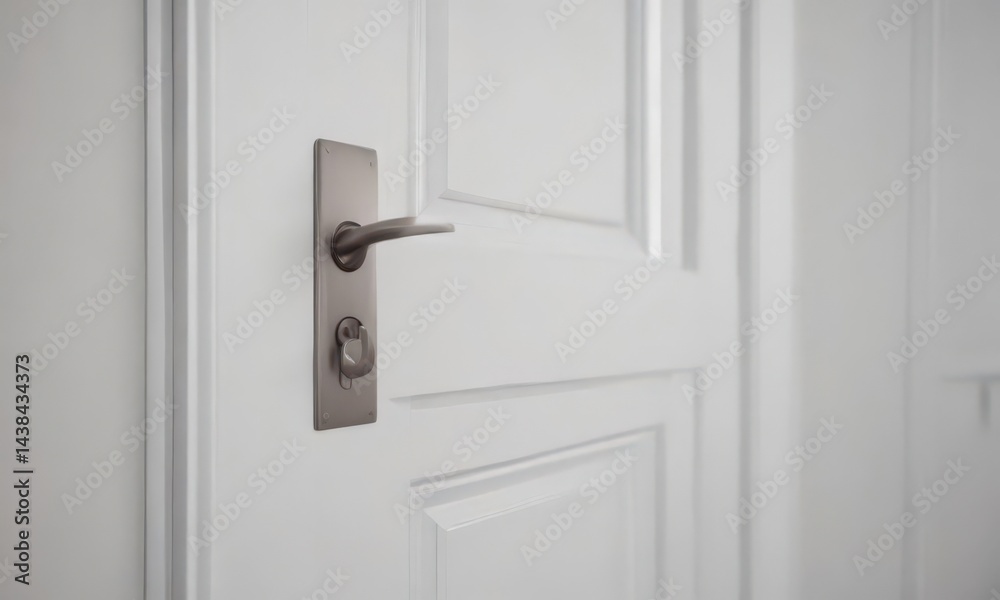 Close-up of pristine white interior door; subtle handle detail , studio, wooden door Close-up of pristine white interior door; subtle handle detail , studio, wooden door