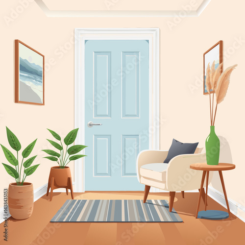 Cozy and Bright Entrance Hall with Soft Blue Door, Cream Armchair, Green Accents, and Natural Light