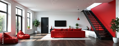 Modern living room interior with red sofa and beanbag chairs, featuring a minimalist design and stylish decor.