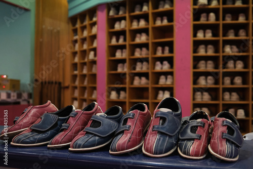 Obraz na płótnie Several pairs of bowling shoes sitting on a counter, ready for bowlers, with a shoe rack filled with more shoes in the background w salonie