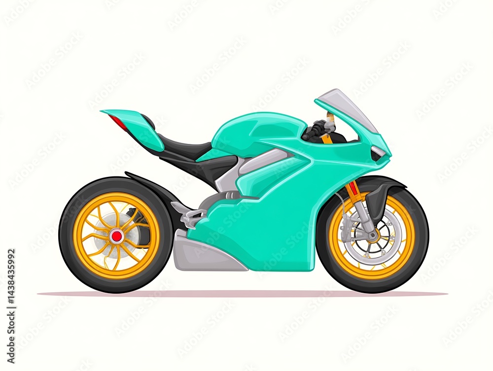 Obraz premium Sleek teal motorbike, gold-rimmed wheels, side profile view
