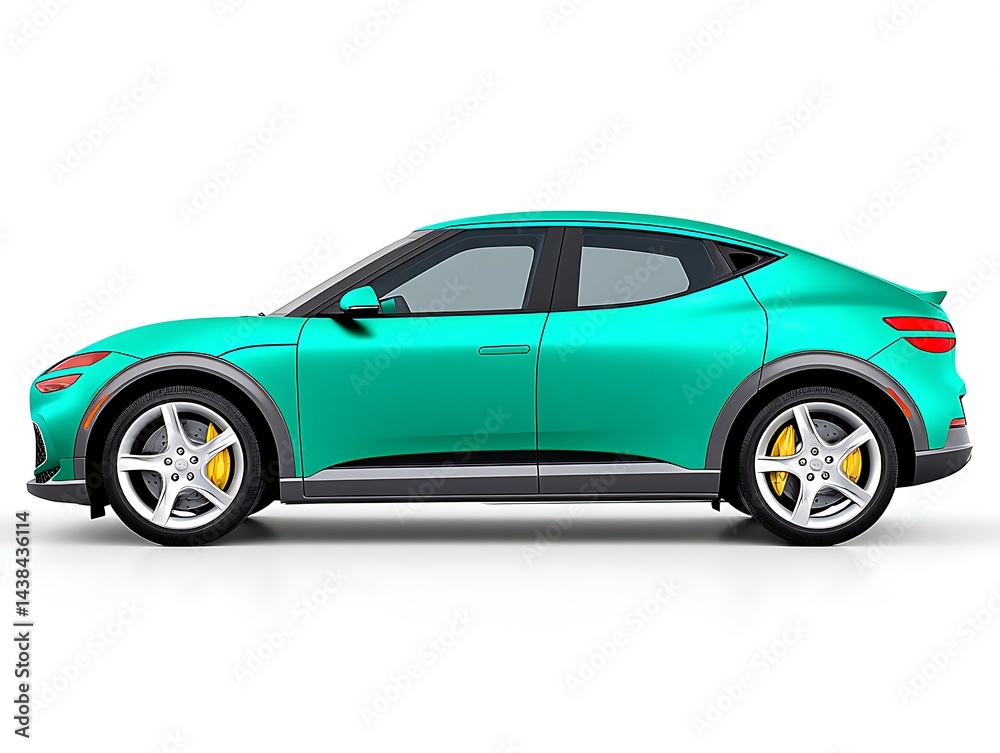 Obraz premium Teal electric SUV, sleek design, modern profile, four doors, alloy wheels