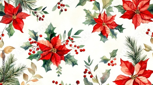 Watercolor Christmas Poinsettia Floral Seamless Pattern Design red art pine card green    