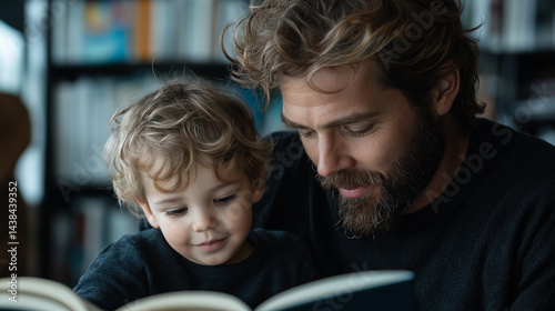 A man and a child are reading a book together