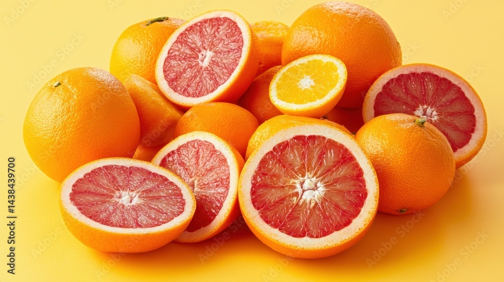 Fototapeta premium Vibrant citrus display: fresh oranges and slices on a bright yellow background.
