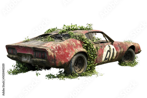 3D game element ruined rusted car isolated in white background