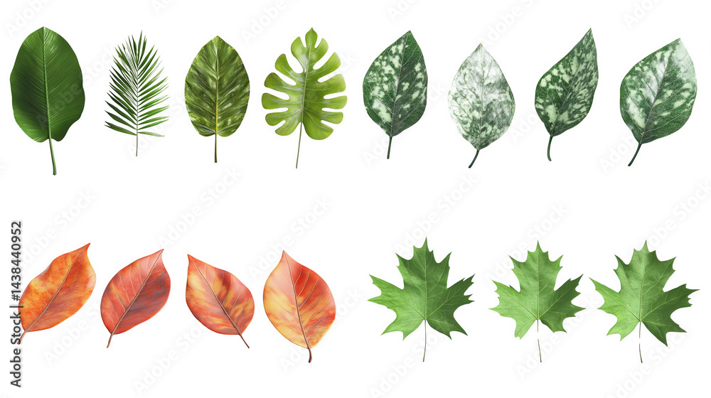 Fototapeta premium Collection of various leaves, showcasing different shapes and colors, white isolate background.