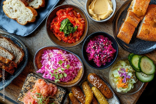 A delectable spread of assorted appetizers, including various salads, pickles, and bread.