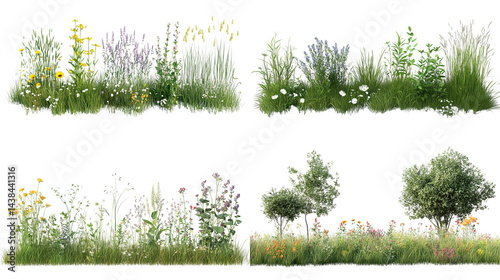 Diverse assortment of colorful flowers and lush greenery on a white isolate background.
