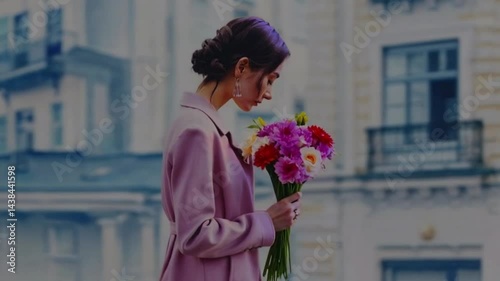 Elegant Woman in Pink Coat Holding Colorful Bouquet in Dreamy Urban Watercolor Background.