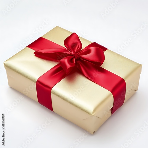 Elegant Wrapped Present: Golden Paper and Red Ribbon on a Clean White Background, Perfect for Celebrations