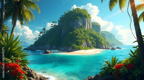 /imagine: an uninhabited island covered in bright green jungle rising from the sea under blazing sunlight --ar 3:2 --v 4

