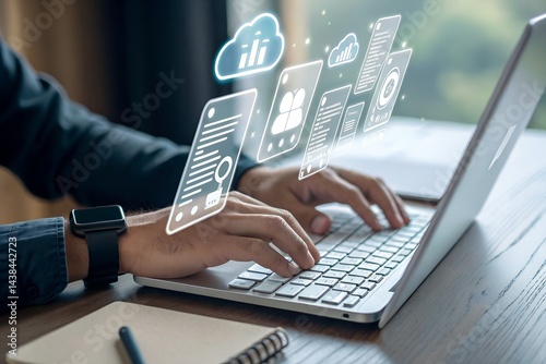 Approval workflow and business process management BPM. Document approval process and completion. Businessman using laptop computer to approve legal documents.