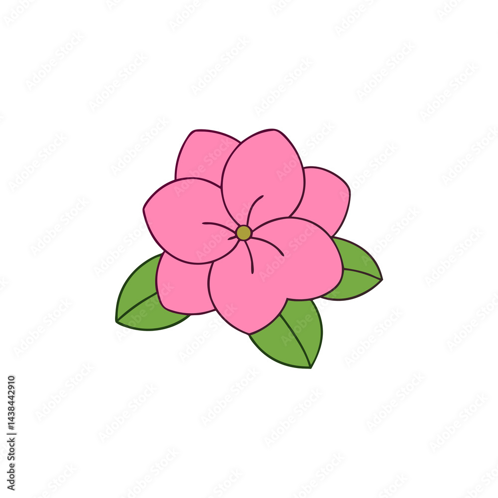 Fototapeta premium Pink Flower Cartoon Illustration With Leaves On Black