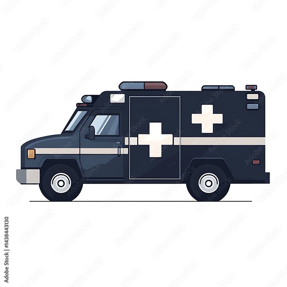 Emergency Response Vehicle Illustration: Depiction of a Medical Support Transport with Cross Symbol and Safety Lights for Expedient Aid.