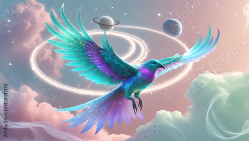 Majestic Phoenix-Like Bird Soaring Amid Galactic Clouds and Rings