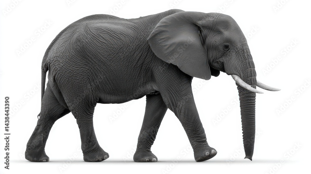 Fototapeta premium Elephant walking rightward in profile view with full body visible on white background displaying strength grace scale and wild resilience in motion