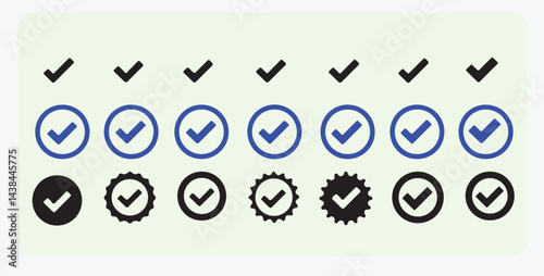 Check Mark Icons Set – Quality Approval and Checklist Symbols in Flat Style, check, mark, tick, symbol, approval, checklist, quality, icon, flat, set, verify, correct, success, 