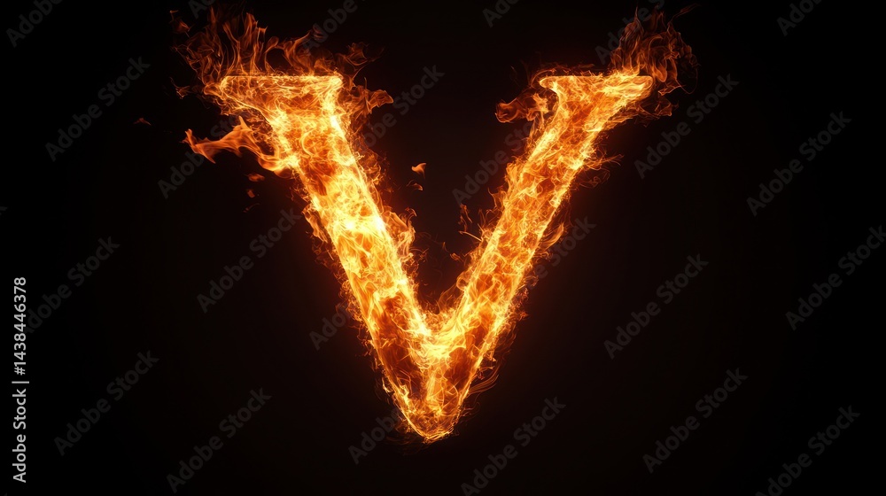 Fototapeta premium Fiery letter V, dark background, abstract design, graphic