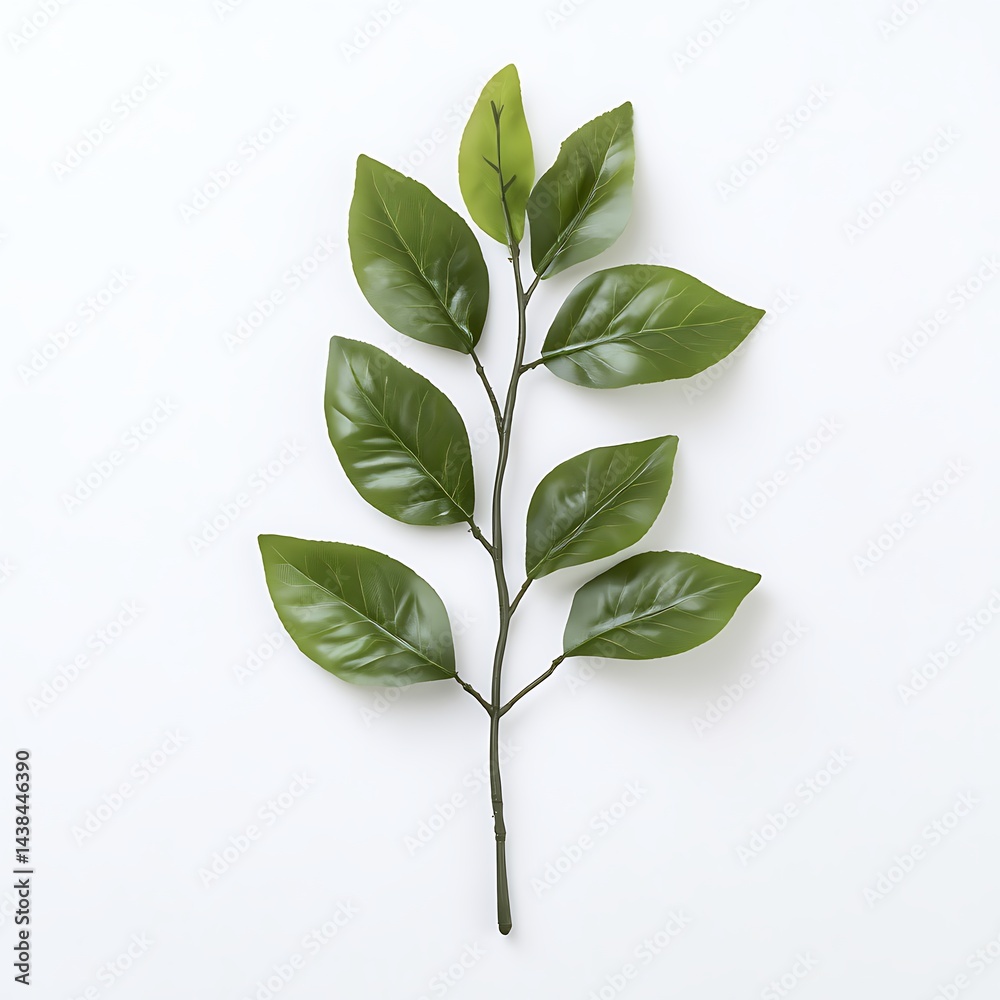 Fresh Green Foliage Sprig on White Background: Minimalist Botanical Design Element for Natural Product Mockups and Elegant Decor Compositions