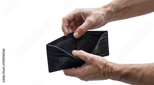 Empty Wallet Held by Male Hands Against Black Background