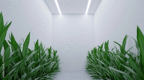 Green Plants in Modern Minimalist Indoor Space with Bright Lighting