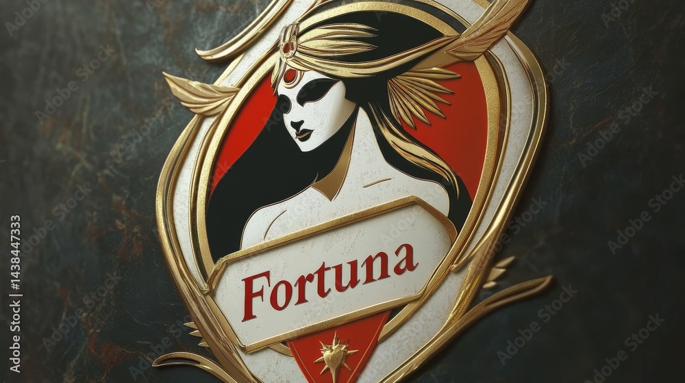 Obraz premium Stylized Emblem Featuring a War Goddess Silhouette for Fortuna in Gold and Black With Red and White Accents Portrayed in a Simple Vector Design