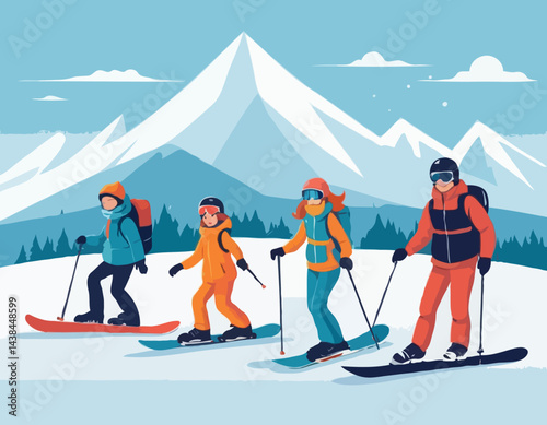 Adult people and children dressed in winter clothing snowboarding and skiing. Male and female cartoon ski and snowboard riders. Winter mountain sports activity. Vector illustration in flat style.