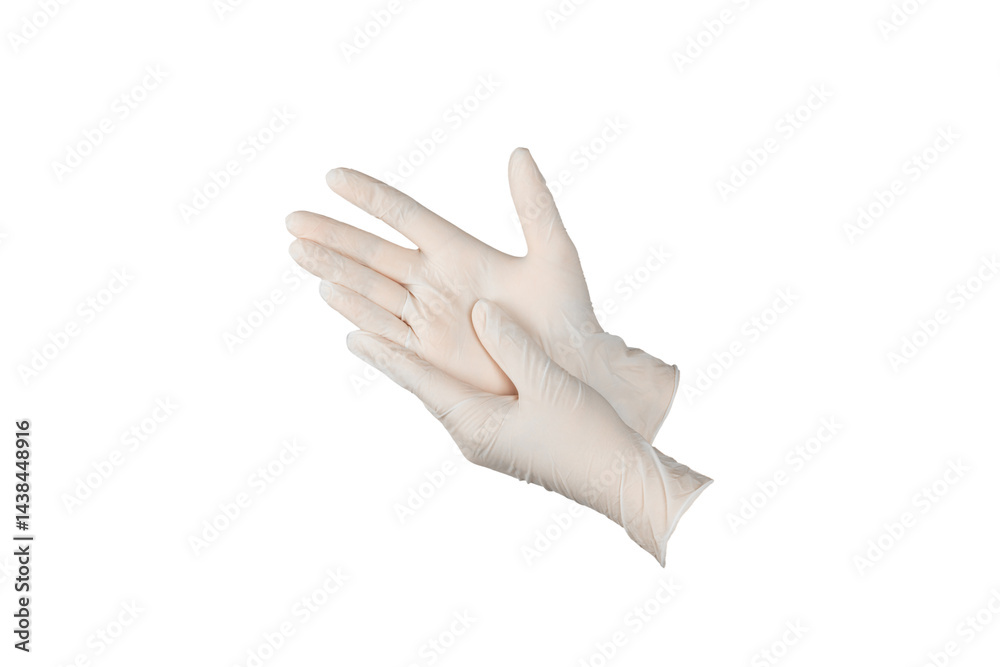 Obraz premium Medical nitrile gloves isolated on white background. Surgical latex gloves. Rubber gloves production. Doctor or nurse putting on protective gloves. Medicine concept. Sterility, protection.