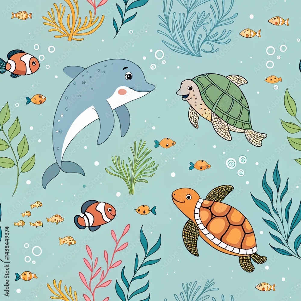 Obraz premium Cute underwater sea creatures pattern