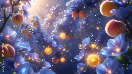 Dreamlike Botanical Fantasy with Peaches, Grapes, and Light Orbs
