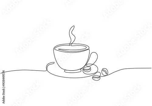 Cup of coffee and coffee beans. Hot beverage. Aroma of coffee. Continuous line drawing.
