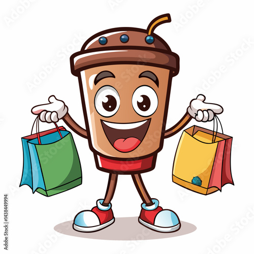 cartoon illustration of a shopping bag  and coffee