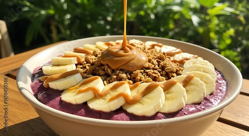 A thick acai bowl topped with banana slices, granola, and peanut butter drizzle, vibrant colors, tropical breakfast vibe