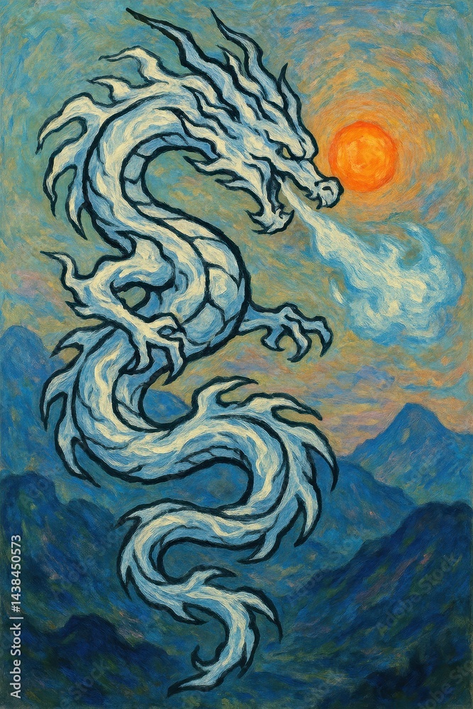 Fototapeta premium Ethereal Flaming Dragon Against Vibrant Sunset in Abstract Style