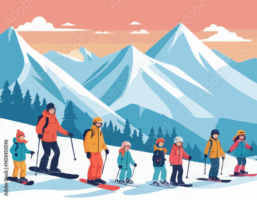 Adult people and children dressed in winter clothing snowboarding and skiing. Male and female cartoon ski and snowboard riders. Winter mountain sports activity. Vector illustration in flat style.