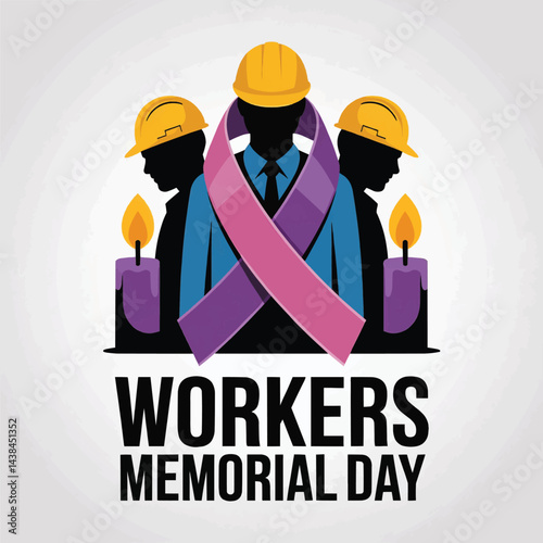 Workers Memorial Day Vector Illustration with Construction Helmets and Ribbons, Tribute to Laborers and Heroes