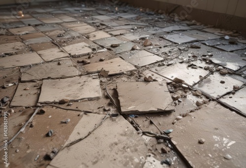 Crumbling tile, fractured glass, electrical wires splayed across dust-covered floor ,  vintage,  shattered tiles