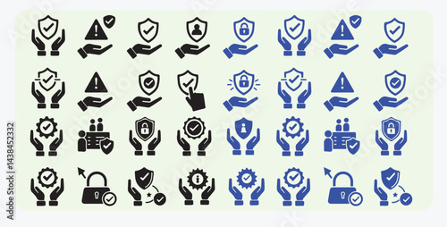 Insurance in Hand Icons Set – Shield Protection and Assurance Symbols in Flat and Line Style, insurance, protection, shield, hand, safety, secure, assurance, guarantee, icon, set, flat, line