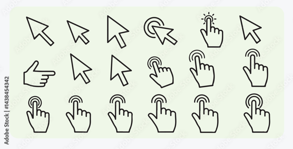 Naklejka premium Pointer Cursor and Clicking Hand Icon – Computer Mouse Click Symbol Illustration, cursor, mouse, click, hand, icon, symbol, arrow, clicking, tap, digital, select, navigation, computer,