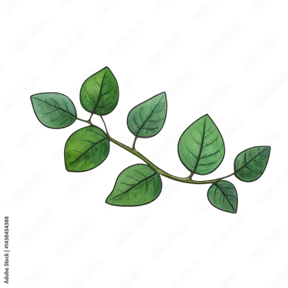 Fototapeta premium Green branch with round watercolor leaves in decorative botanical style