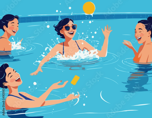 A fun-filled summer day in a bright blue swimming pool, splashing water and laughing with joy.